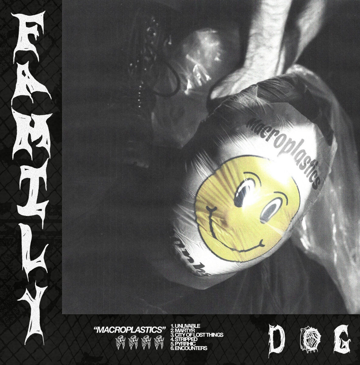 album art Family Dog Macroplastics figure with plastic bag over face